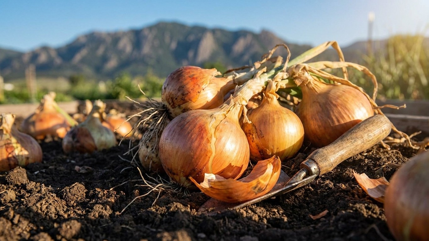Freshly harvested golden onions lying in dark soil with mountains visible in the background.