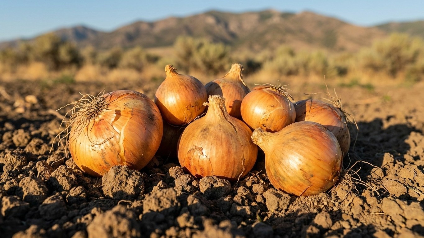 Golden onions with dried tops rest on bare earth in a harvested garden bed with arid hills in the background.