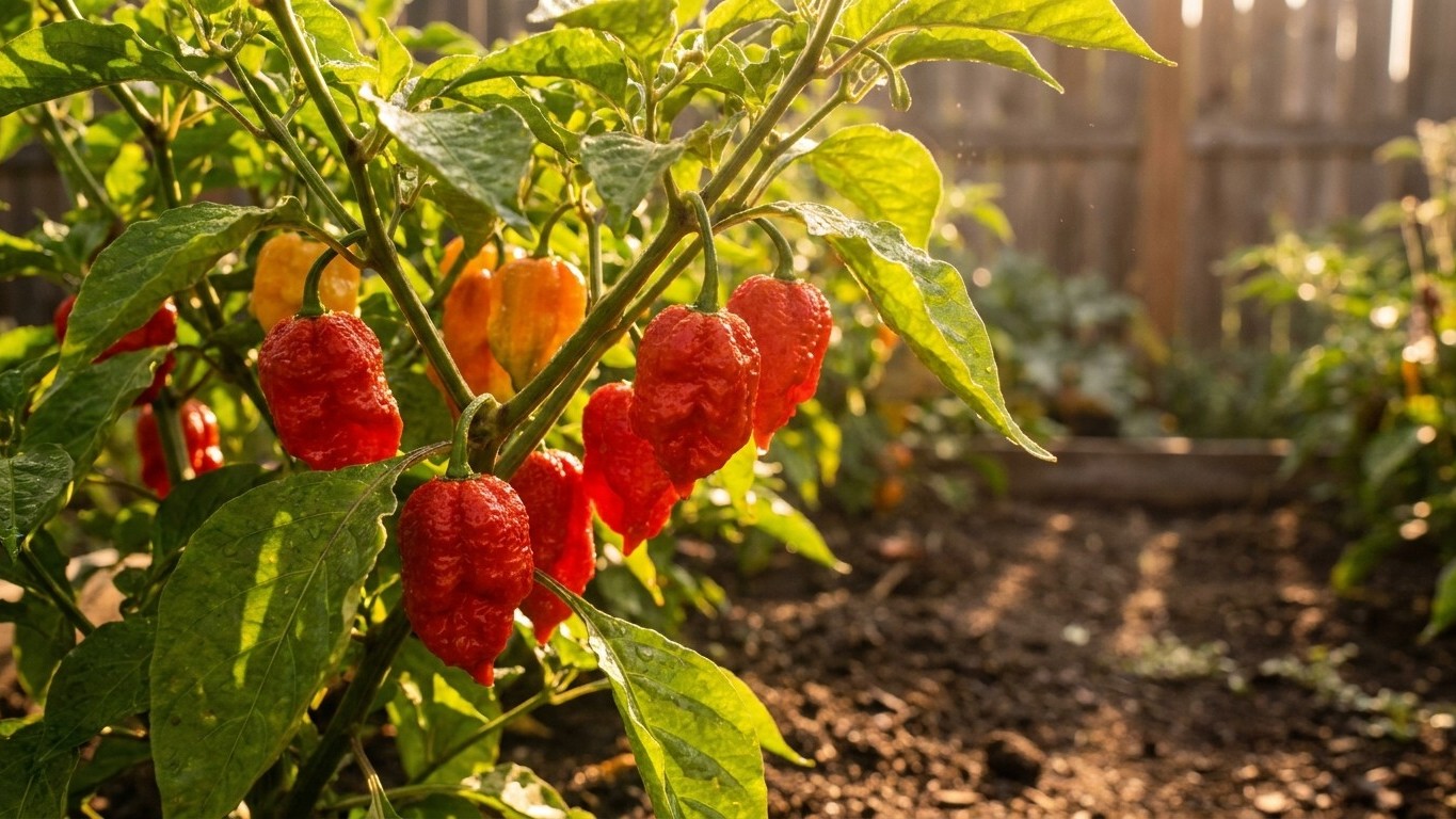 Ripe red bell peppers clustered on a plant in a sunlit vegetable garden with wooden fence and soil beds visible in the background.