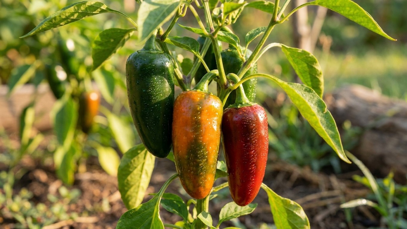 Pepper plants bearing fruits at various maturity stages, from green to red, growing in a garden bed.