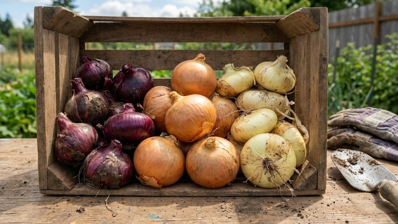 A wooden harvest crate filled with red, golden, and white onions displays a fresh garden yield in a vegetable garden setting.