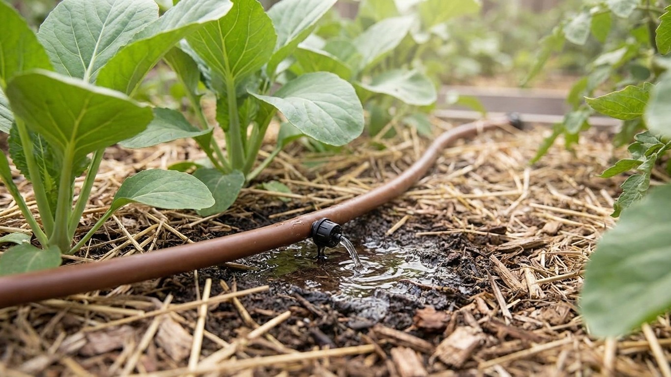 Young vegetable plants growing in a mulched garden bed with a brown drip irrigation line running alongside them.