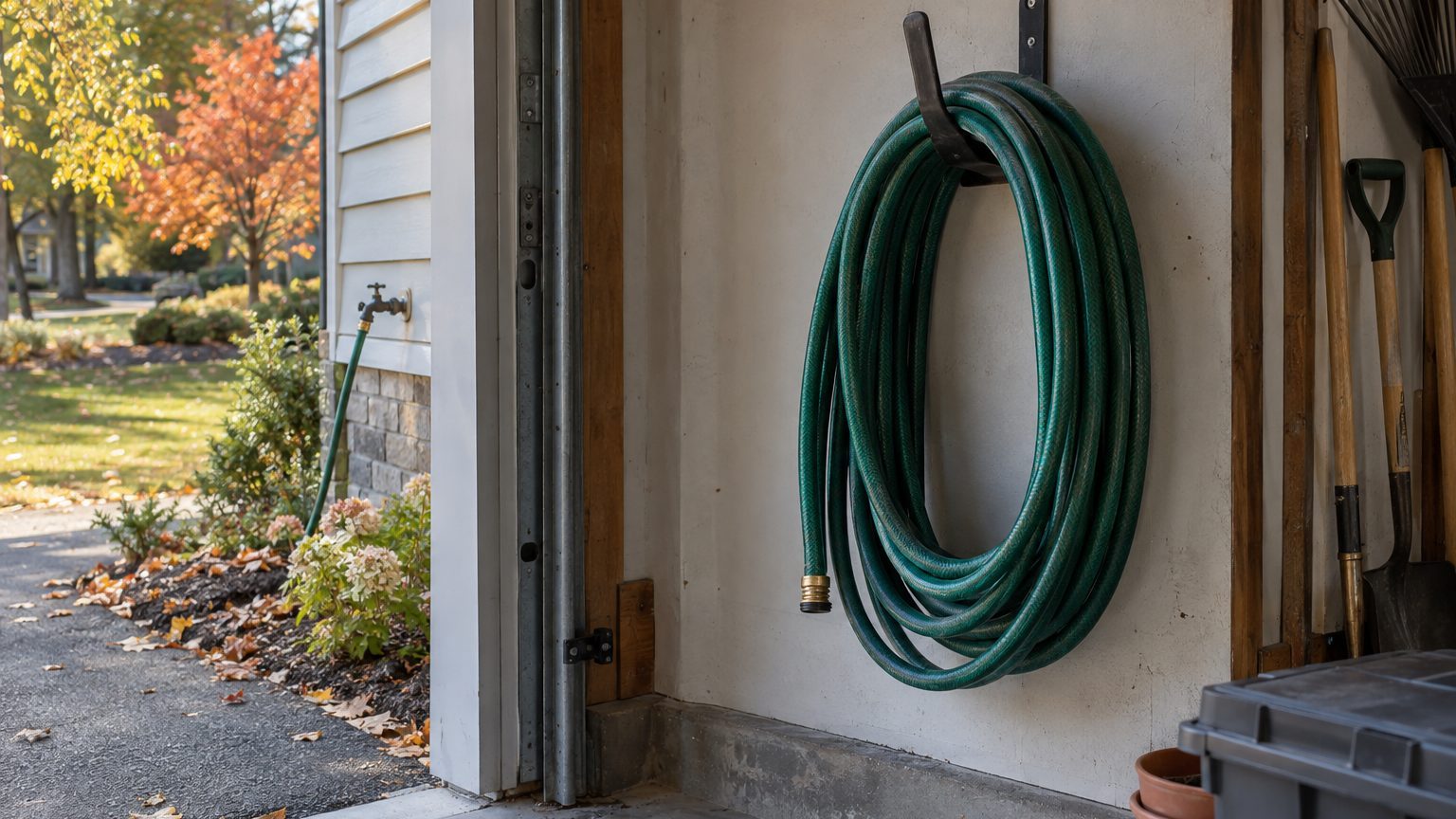 A drained garden hose coiled for winter storage