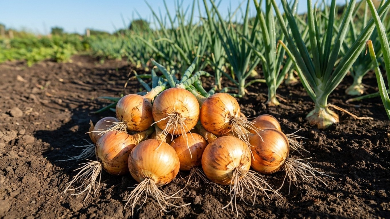 A cluster of golden onions with roots still attached sits on dark soil in an active vegetable garden bed with growing onion plants visible in the background.