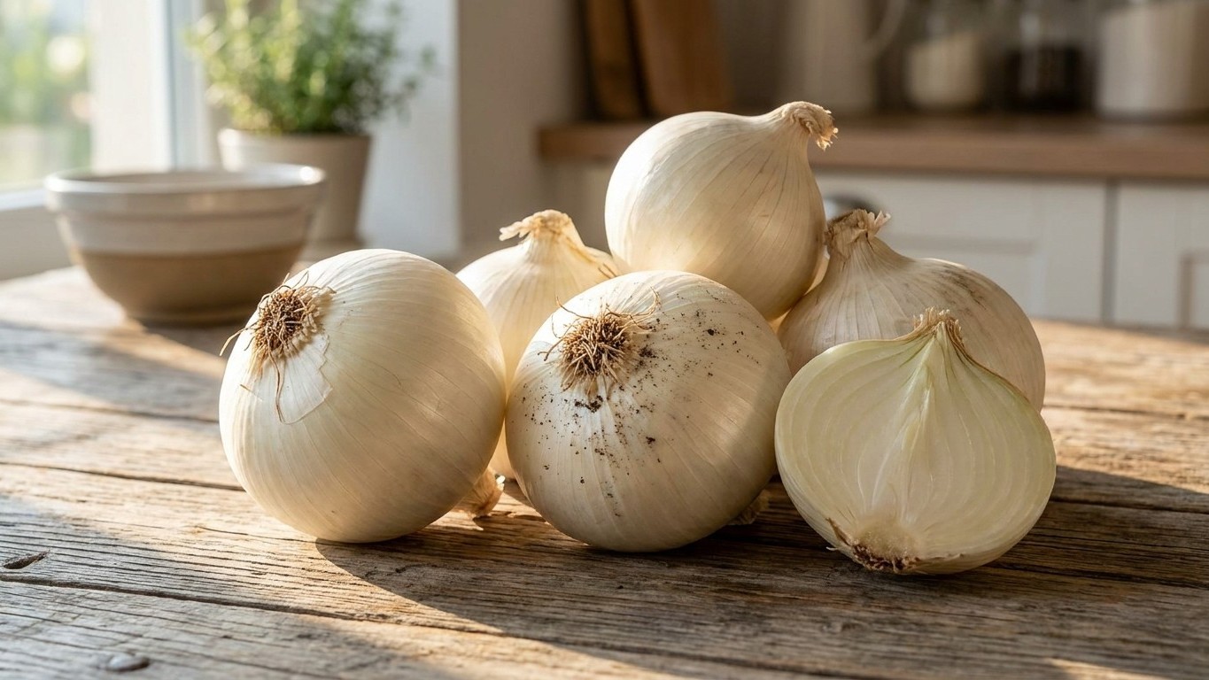 Fresh white onions arranged on a wooden kitchen counter with warm natural light from a window in the background.