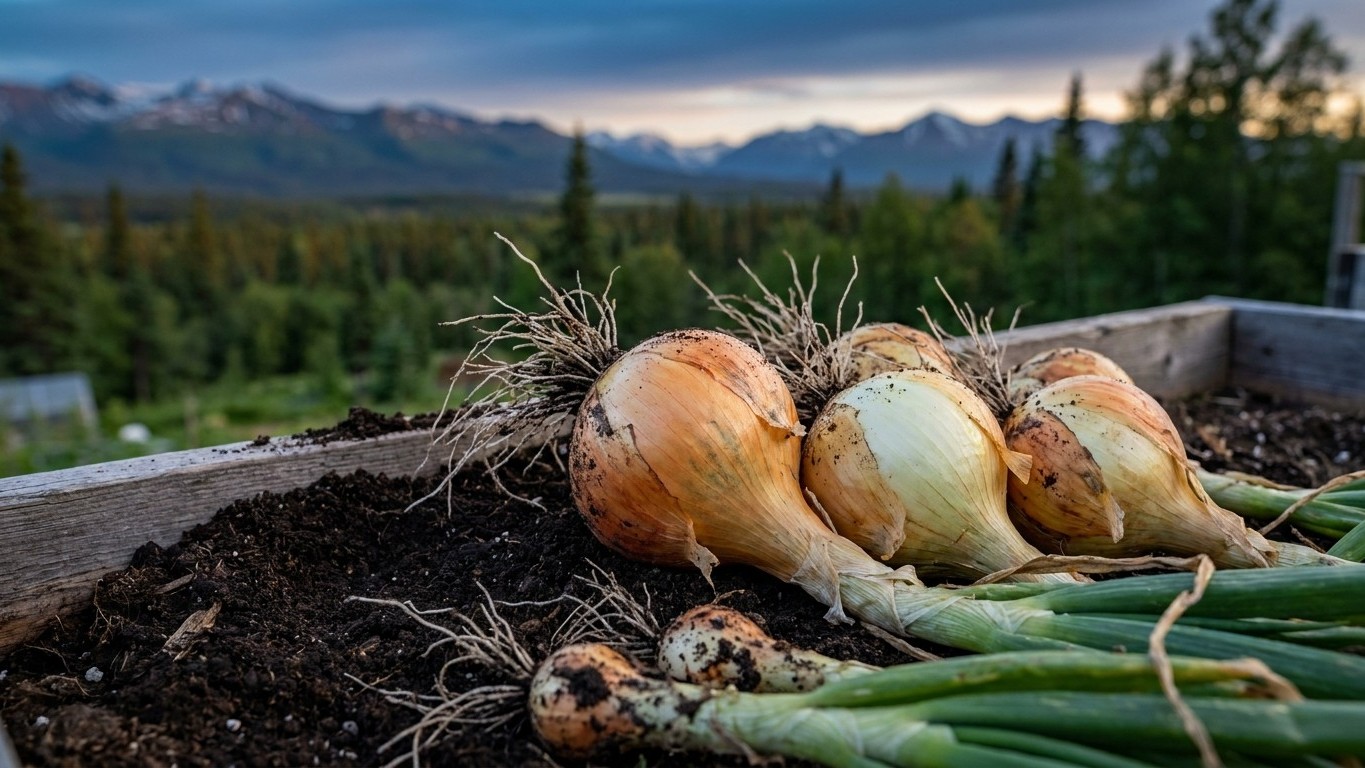 Freshly harvested onions with green shoots and soil resting on weathered wood against a scenic mountain landscape.