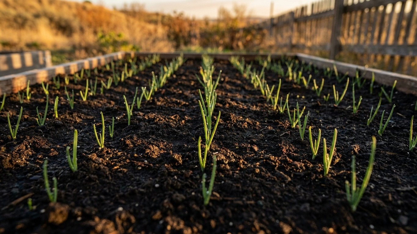 Young onion or garlic seedlings sprouting in dark soil within a raised garden bed during spring.