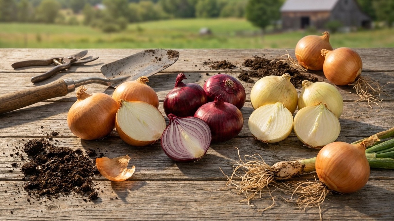 A still life arrangement of harvested onions in various colors, including yellow, red, and white varieties, displayed on a weathered wooden table with soil and garden tools.