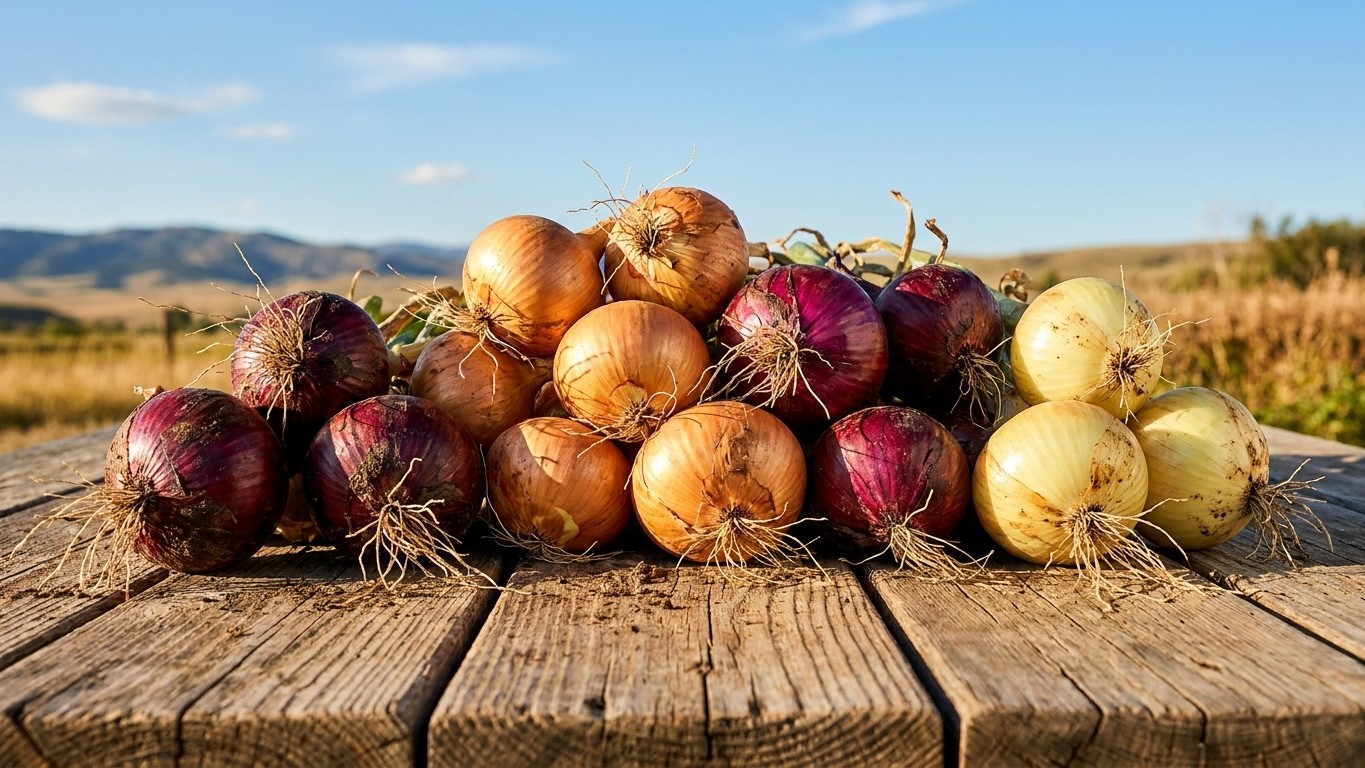 A collection of freshly harvested onions in various colors arranged on a weathered wooden table with a rural agricultural landscape in the background.