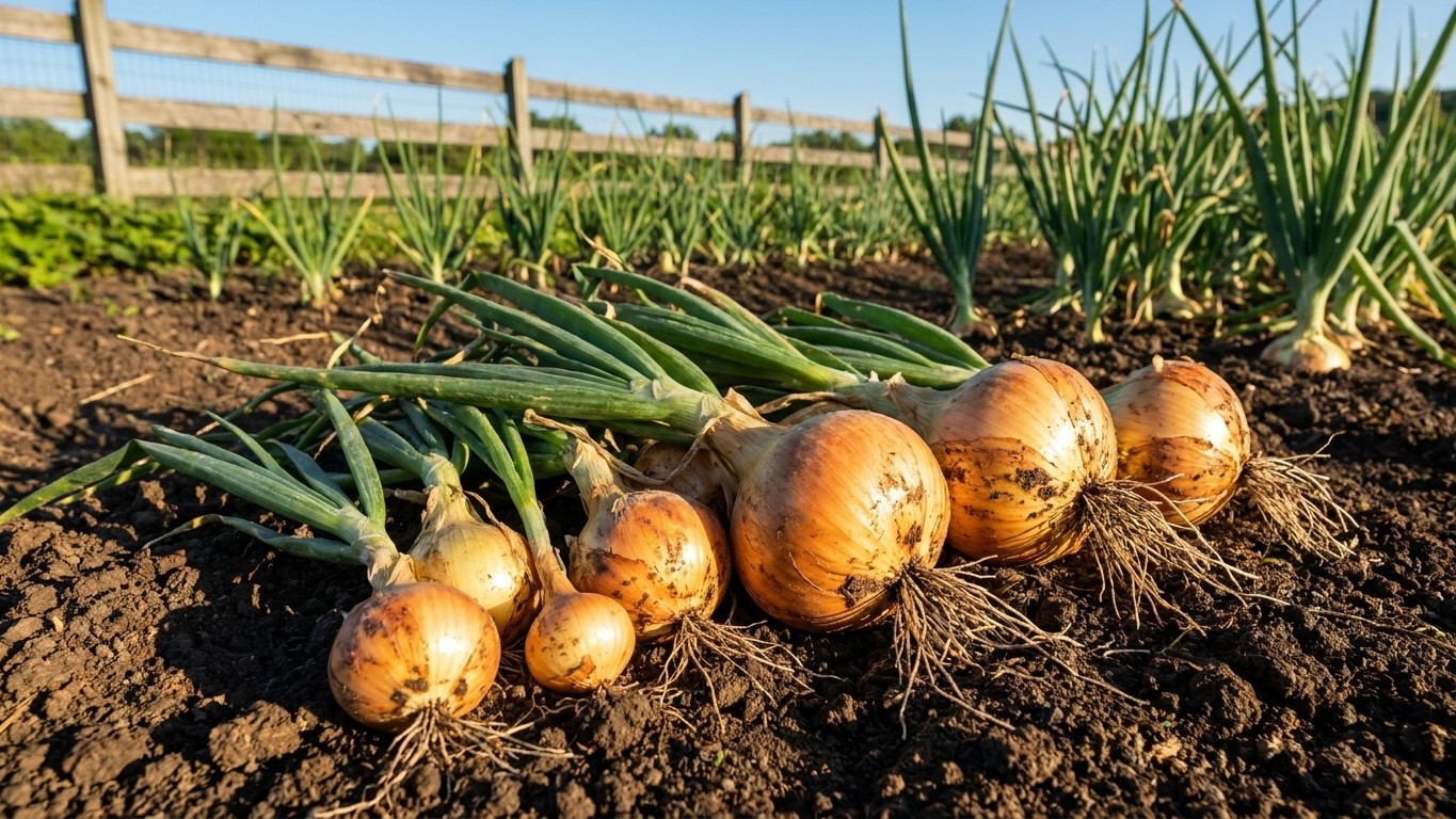 Freshly harvested onions with green stems displayed on dark garden soil alongside a wooden fence.