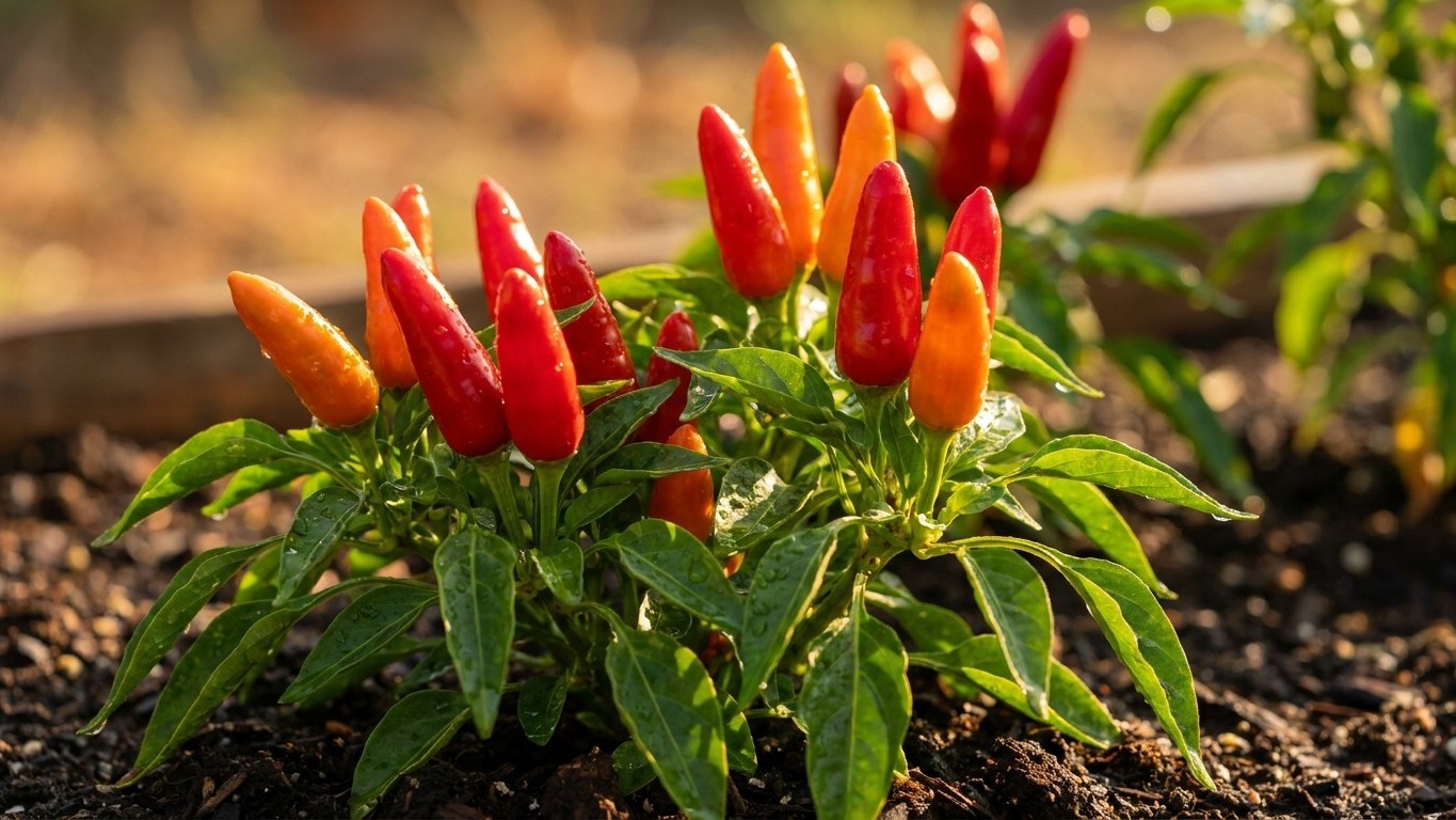 A vibrant chili pepper plant with glossy green foliage and multiple upright red and orange fruits growing in garden soil.