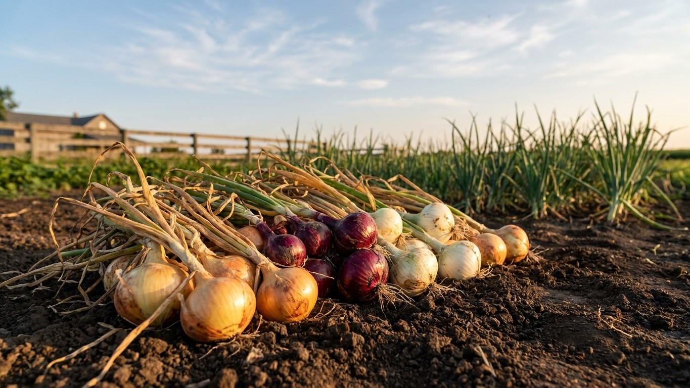 Freshly harvested onions in various colors with dry stems arranged on dark garden soil with onion plants growing in the background.