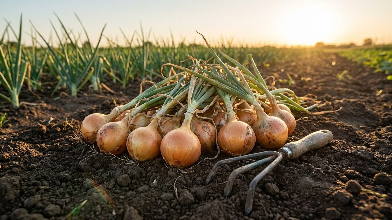 Freshly harvested onions with green tops and soil clinging to roots lie in a field at sunset with growing plants visible in the background.