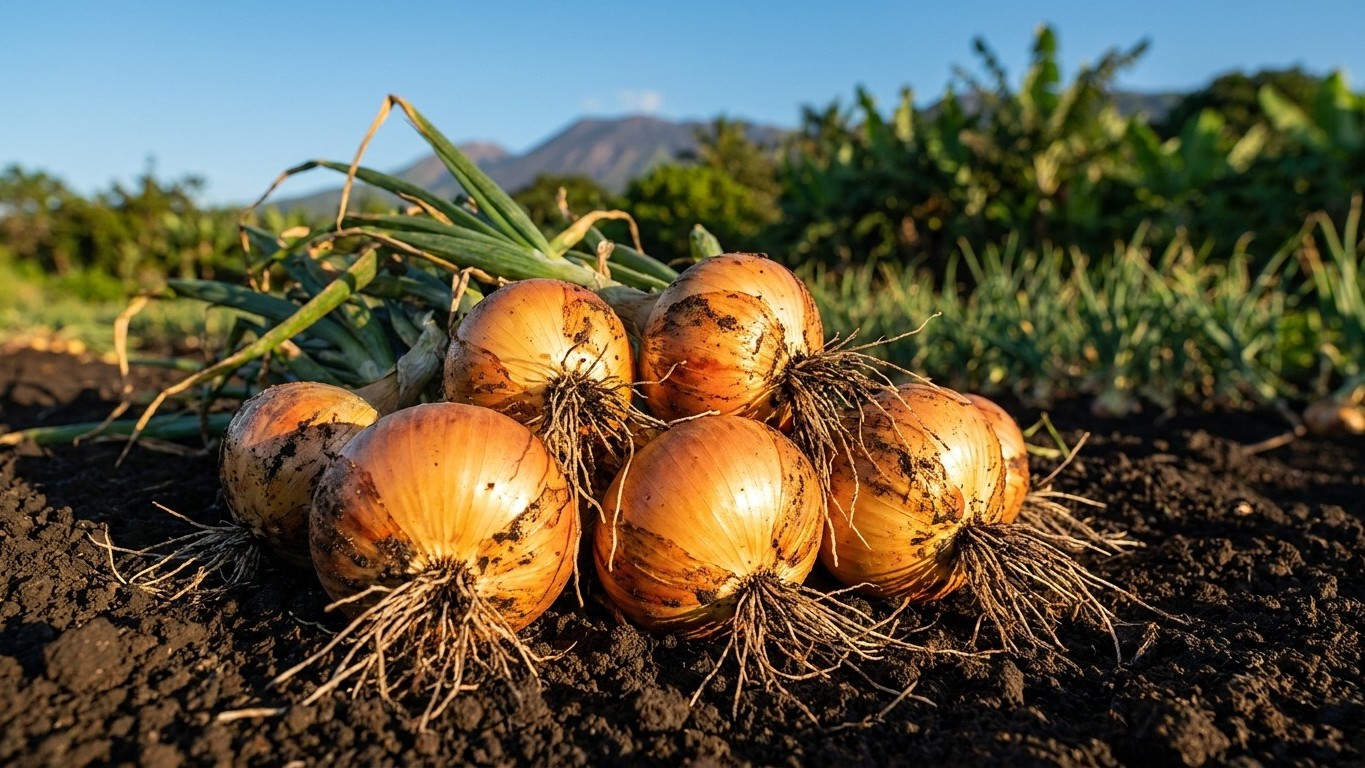 A cluster of freshly harvested golden onions with dry roots displayed on dark soil in a sunlit vegetable garden.