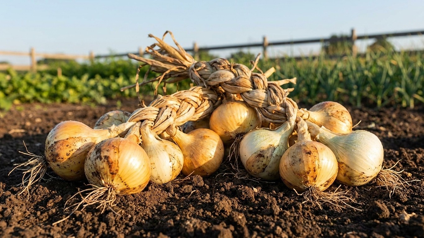 Freshly harvested onions with dried stems arranged on dark soil in a field setting.