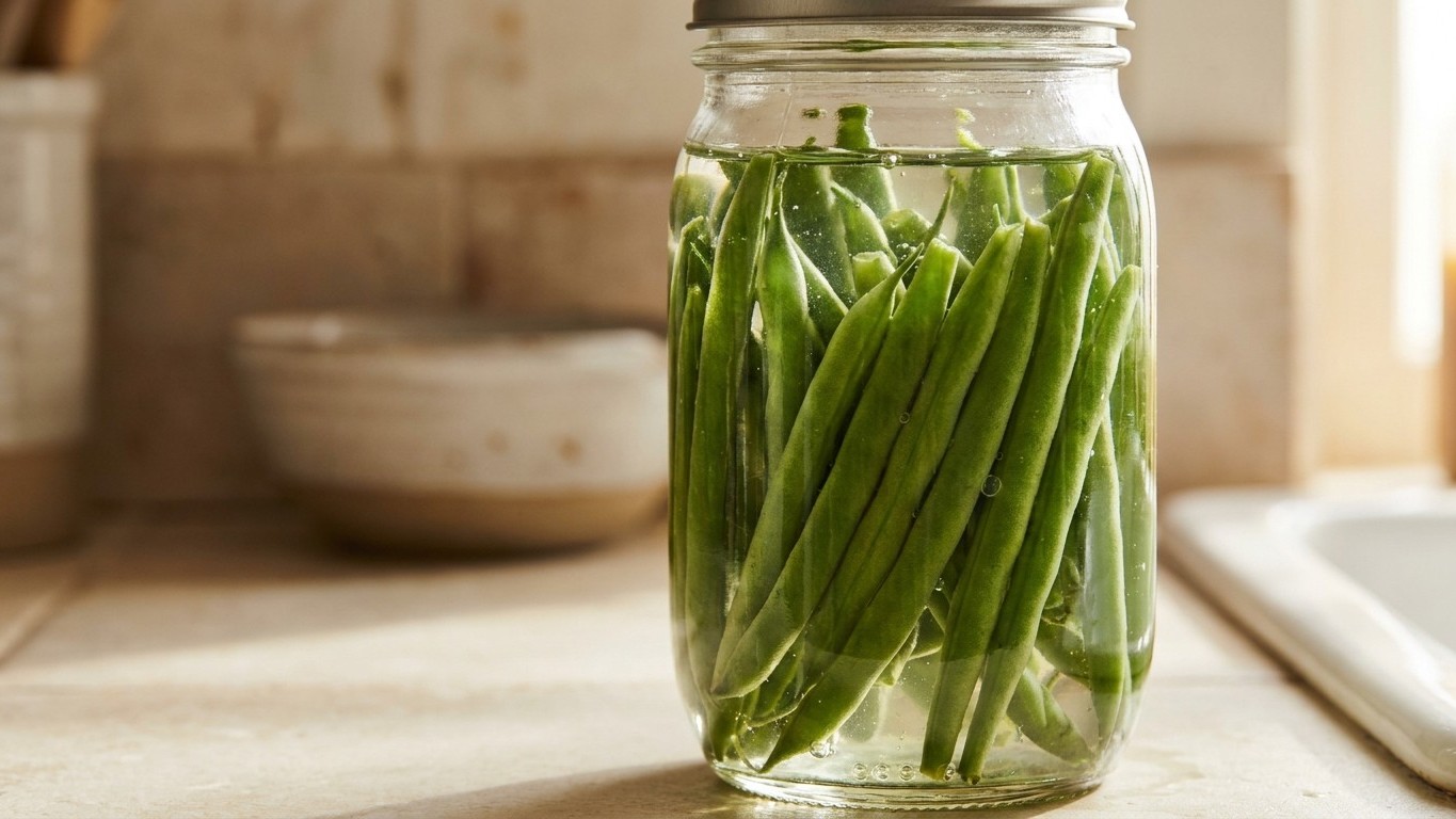 Fresh green beans stored in a glass mason jar on a bright kitchen counter.