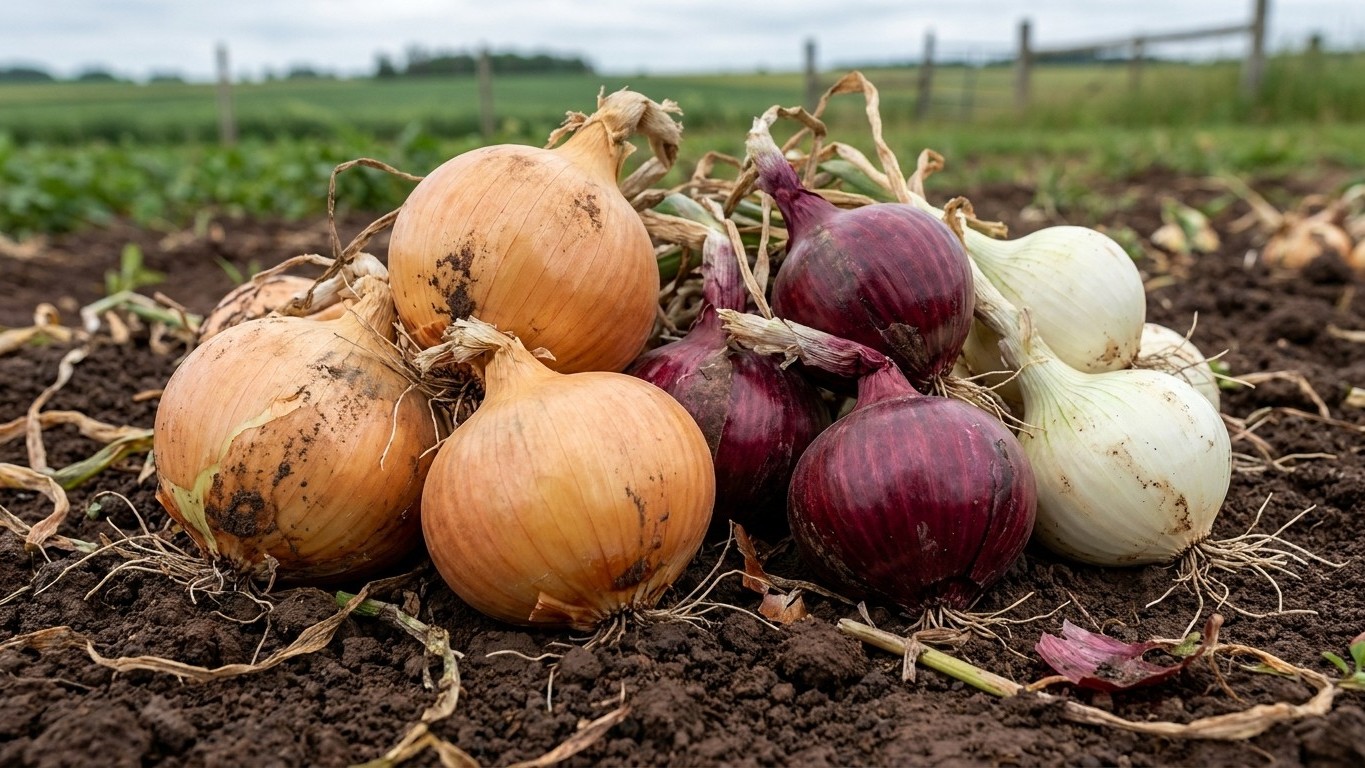 Freshly harvested onions in yellow, red, and white varieties arranged on dark soil with dried foliage in a farm field.