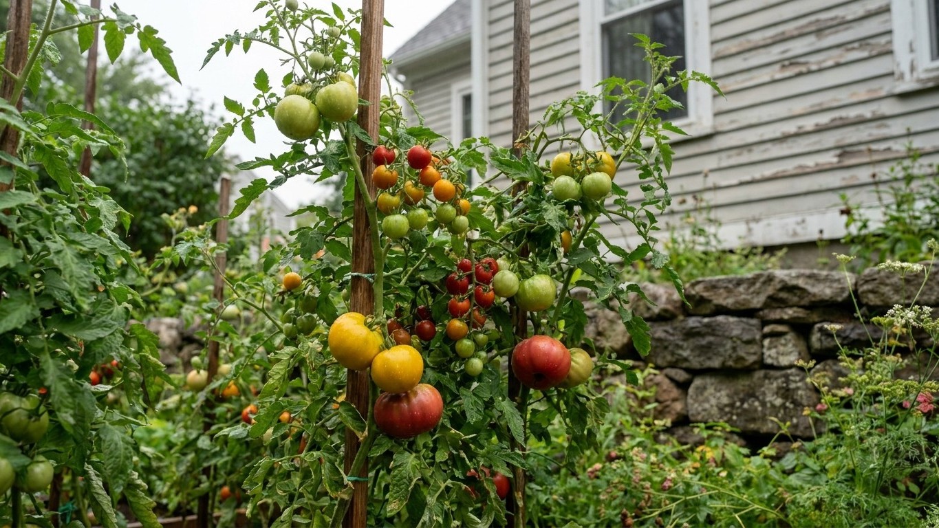 A thriving tomato garden with plants at various stages of ripeness, including green, yellow, and red fruits, grows against a stone wall beside a residential home.