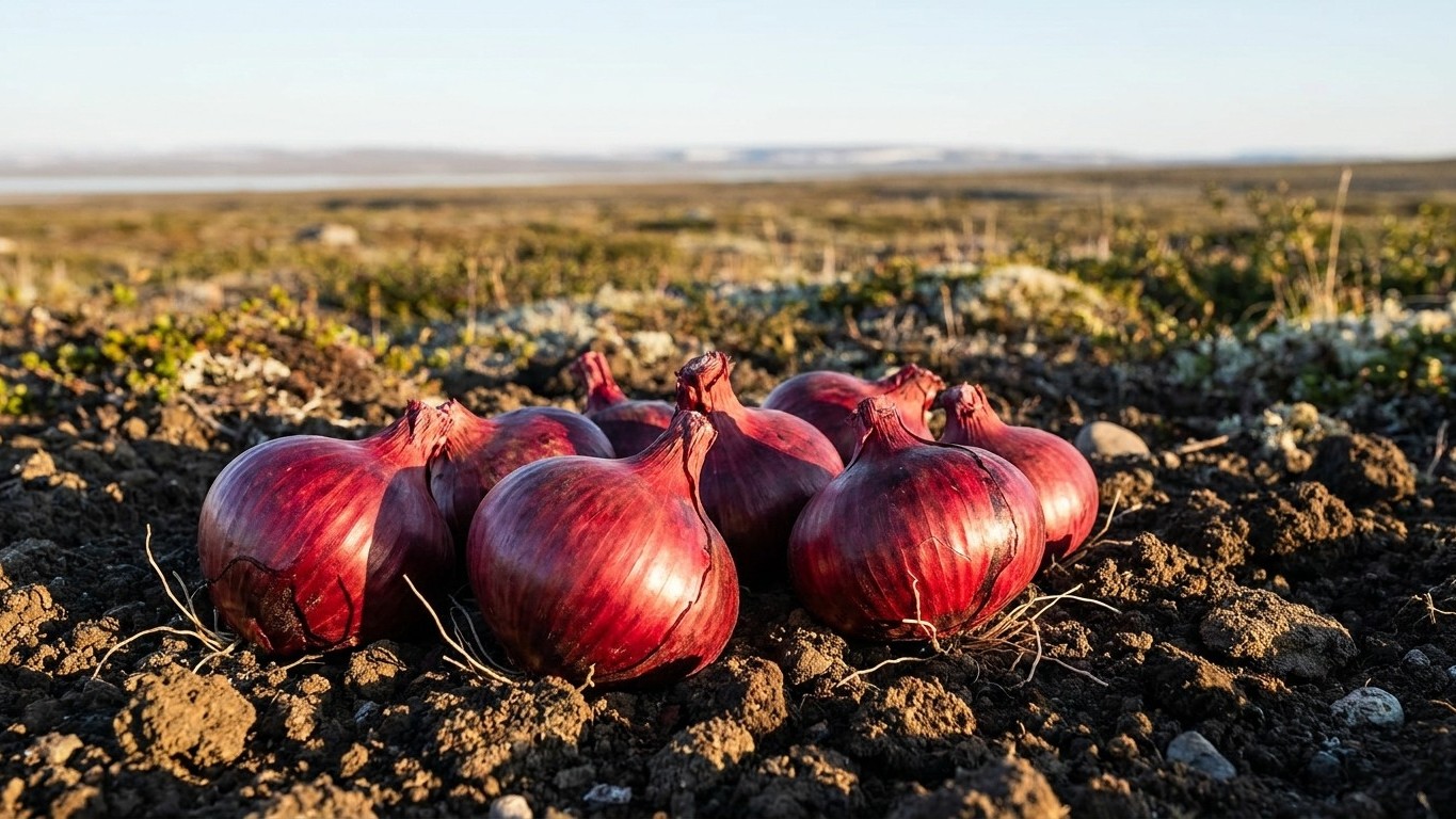 Fresh red onions lying on dark soil in a harvested vegetable field extending to the horizon.