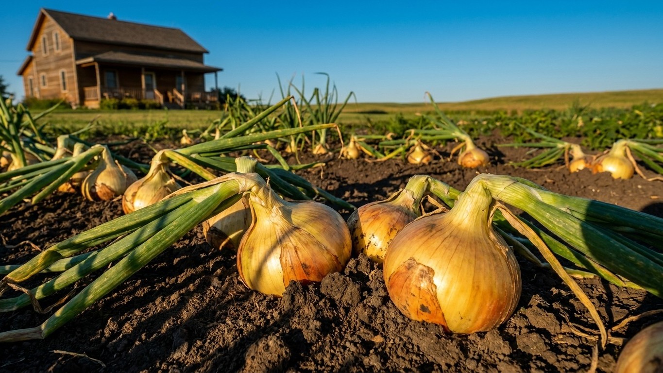 Golden harvested onions with green tops lying in dark soil with a rustic farmhouse and fields in the background under clear blue sky.