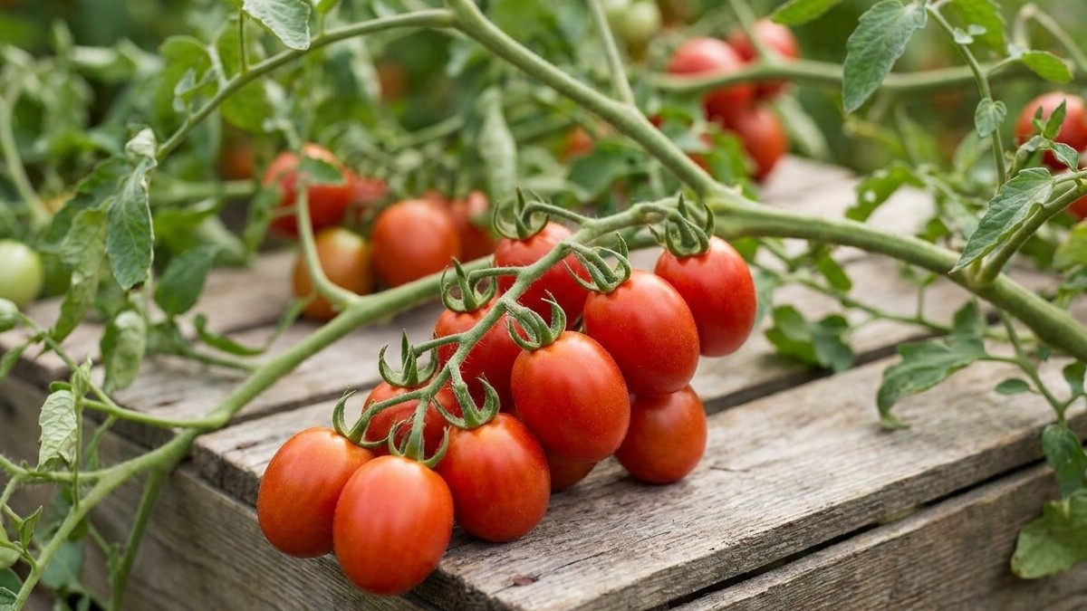 Fresh red tomatoes still attached to green vines rest on a weathered wooden board in a garden setting.