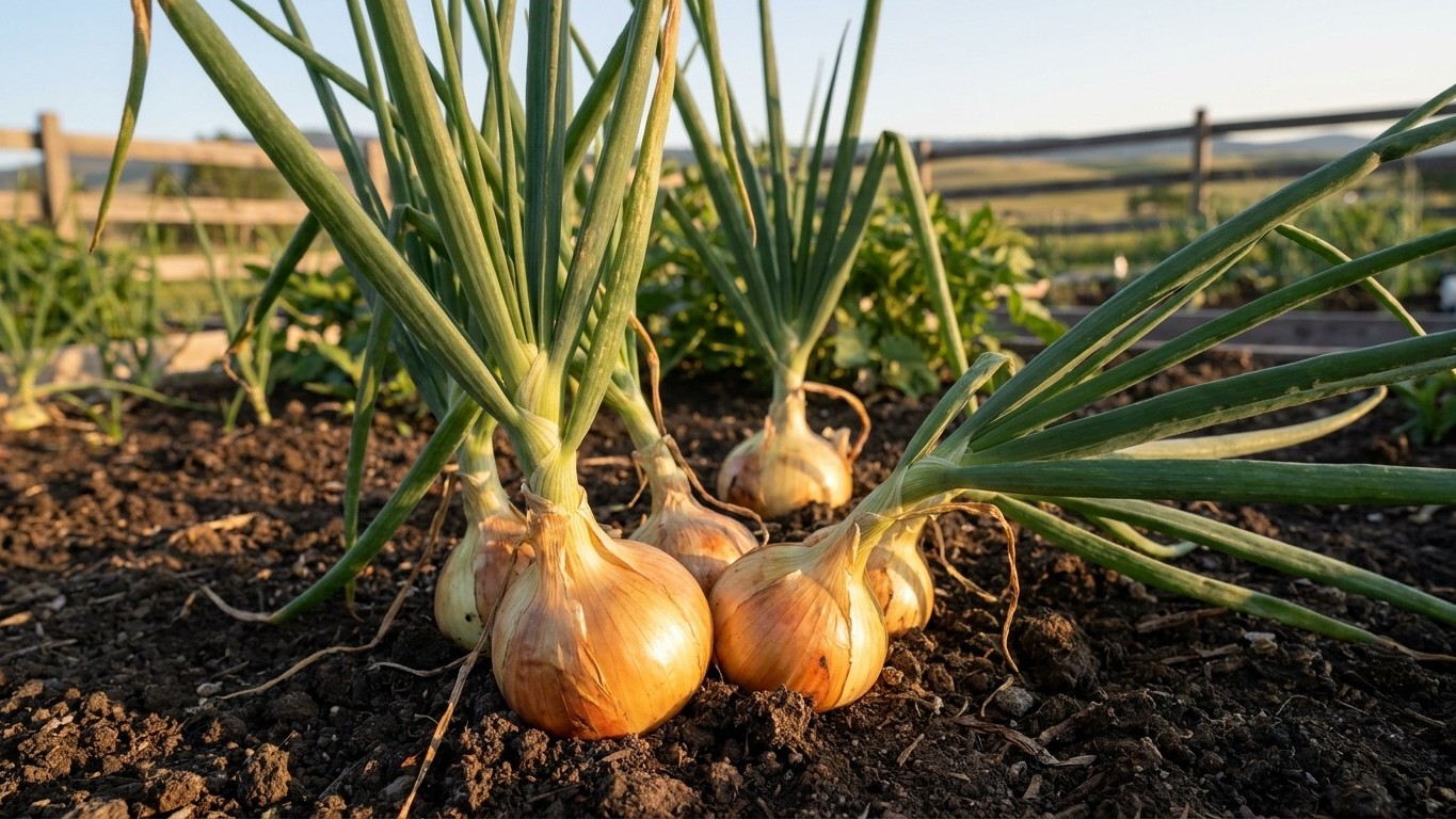 Close-up of mature onions with papery golden skins and green foliage growing in a vegetable garden bed.