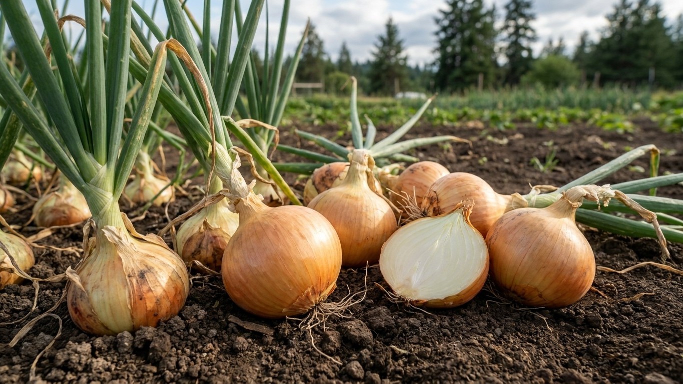 Freshly harvested onions lying in dark soil with green tops attached, one bulb cut in half to show interior, farm field visible in background.