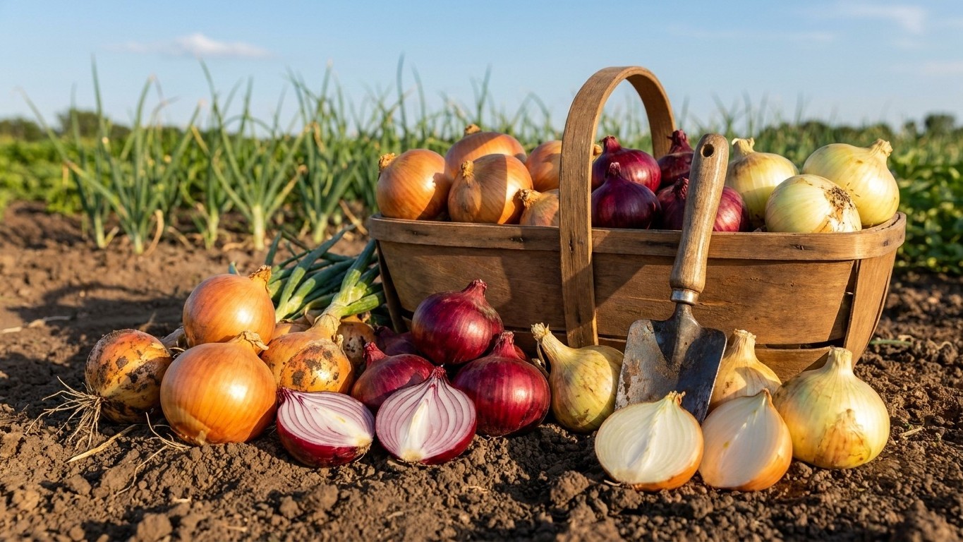 A wooden harvest basket filled with various onion varieties displayed in a field with green onion plants in the background.