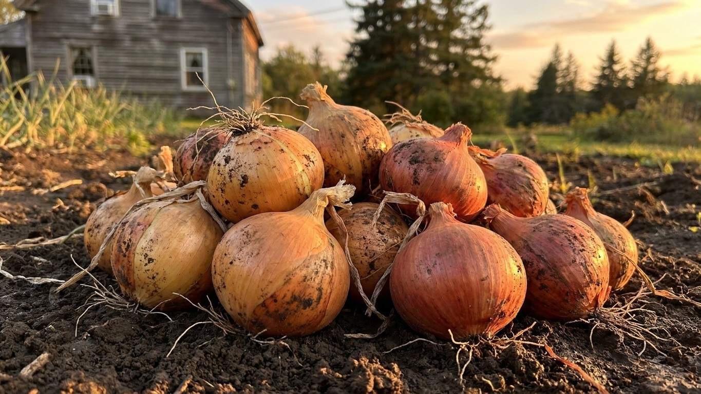 A pile of freshly harvested onions with soil and dried roots sits in a vegetable garden at golden hour, with a rustic shed and evergreen trees visible in the background.