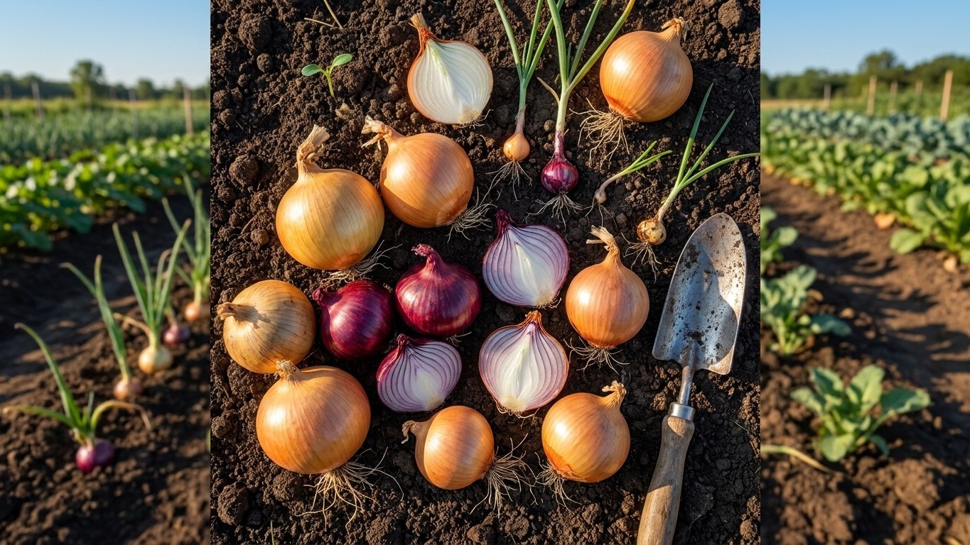 Freshly harvested onions of various varieties arranged on dark soil in a vegetable garden field.