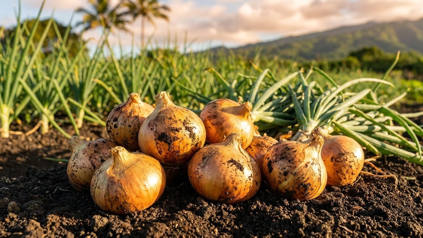A cluster of freshly harvested onions sits on dark soil in a vegetable garden with growing onion plants and mountains visible in the background.