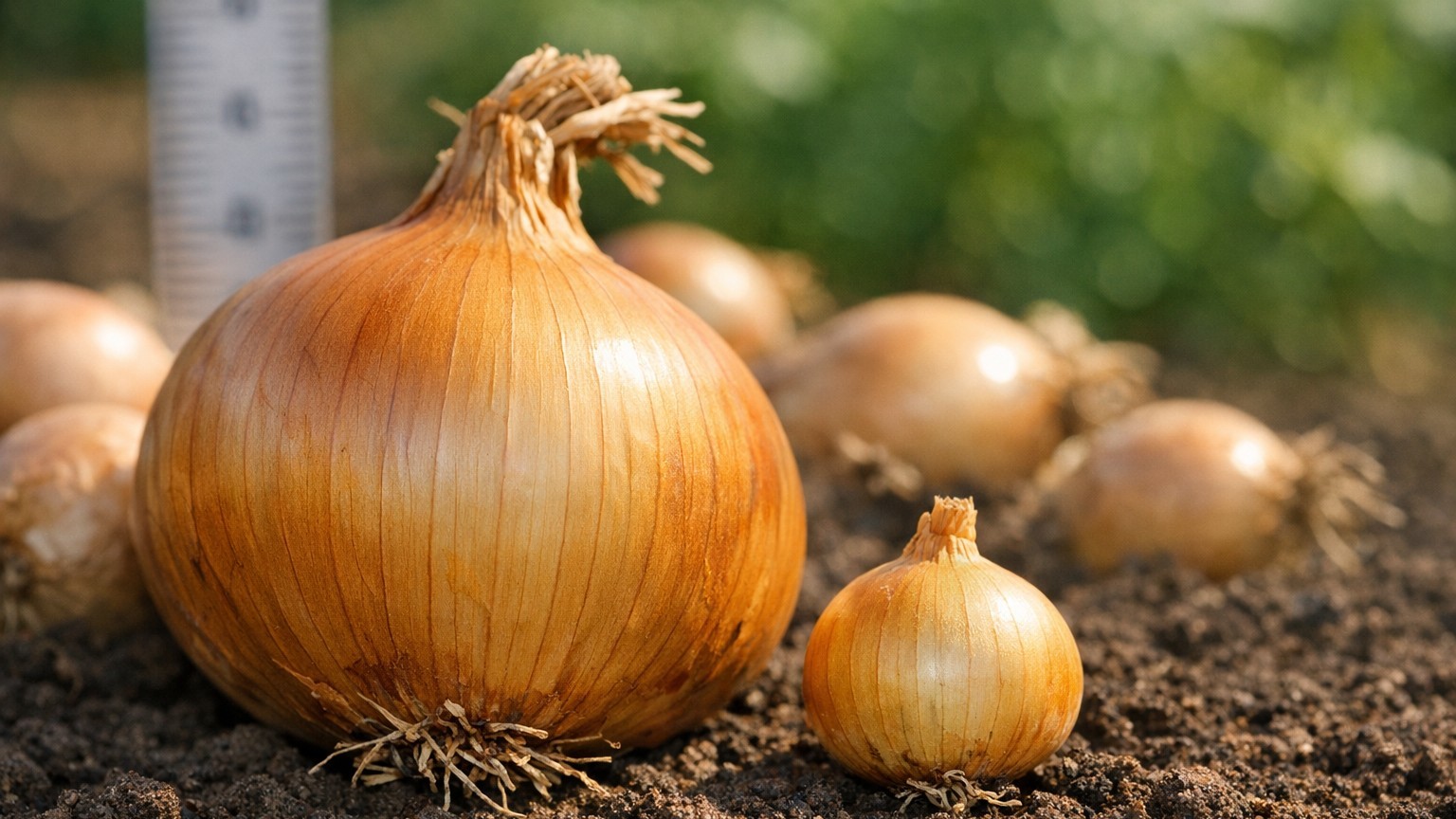 Freshly harvested golden onions with intact roots and dried tops displayed on dark garden soil.