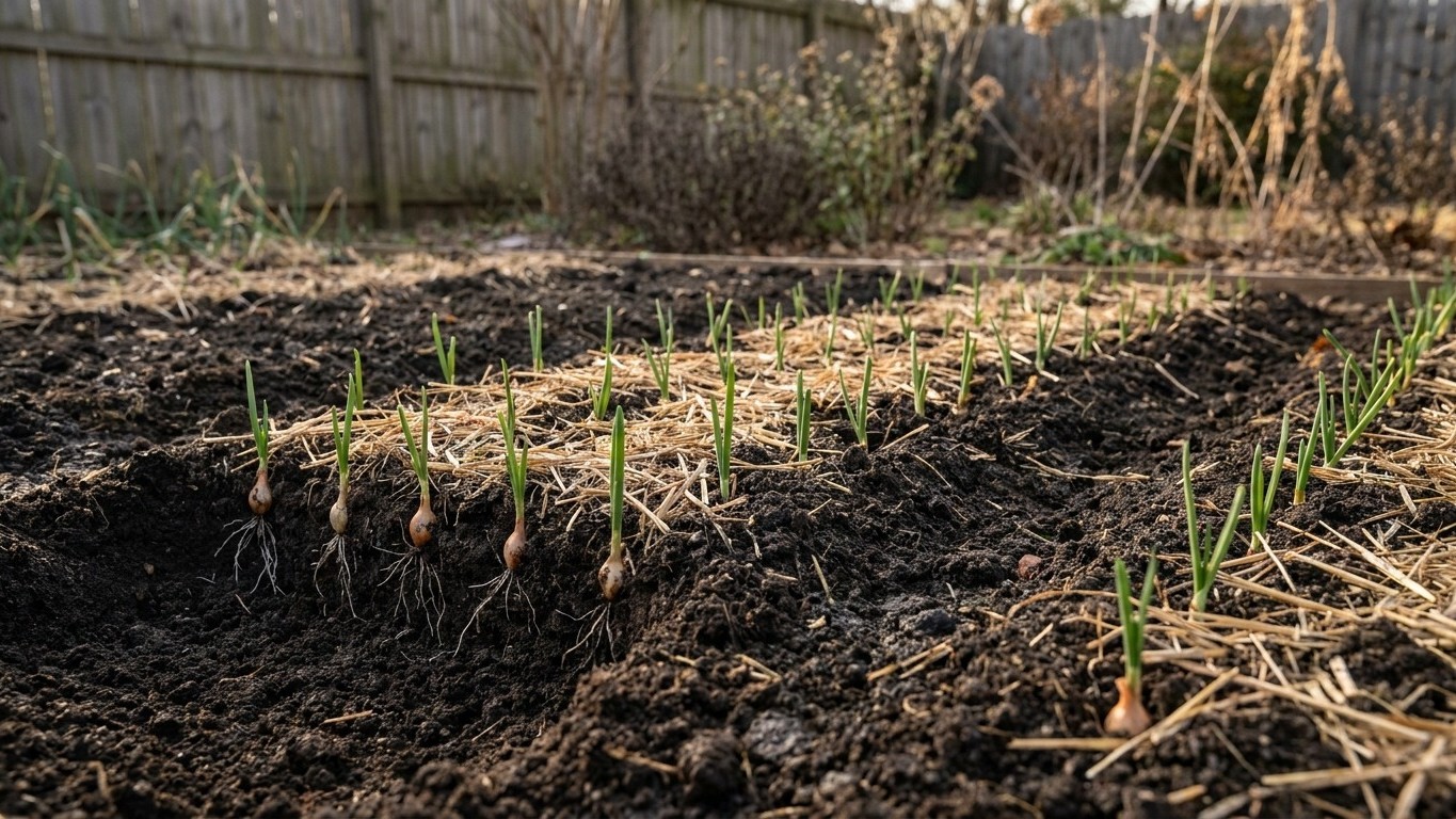 Close-up of garlic cloves sprouting in prepared garden soil with emerging green shoots and visible root systems.