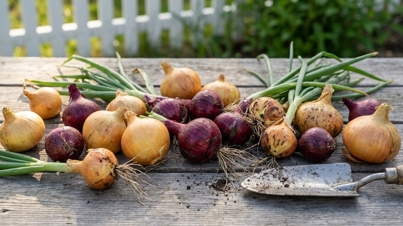 Freshly harvested onions in yellow and purple varieties with soil and green tops displayed on a wooden surface with a white fence and hedges in the background.