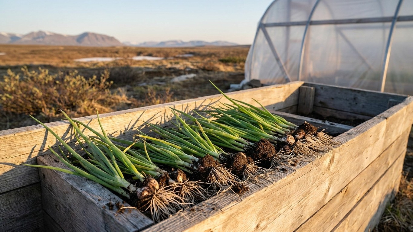 Freshly harvested onions with green tops displayed in a wooden raised garden bed with a hoop house and desert landscape visible in the background.