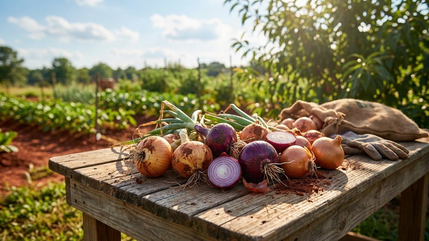 Freshly harvested red and yellow onions with green stems displayed on a rustic wooden table overlooking a thriving garden.
