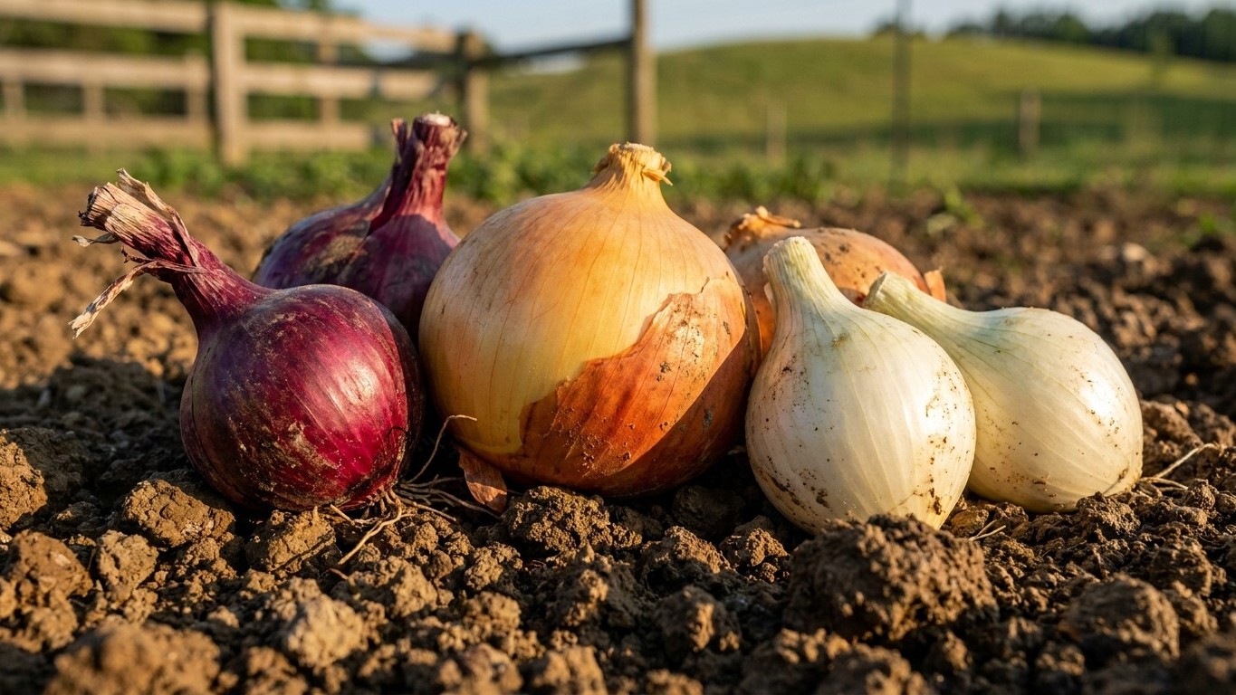 Freshly harvested red, yellow, and white onions arranged on dark garden soil with fence and field visible in background.