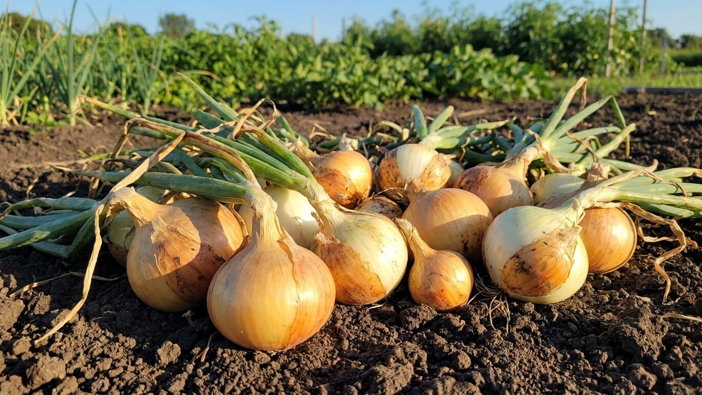 Golden onions with attached green stems freshly harvested and arranged on dark garden soil with growing crops visible in the background.