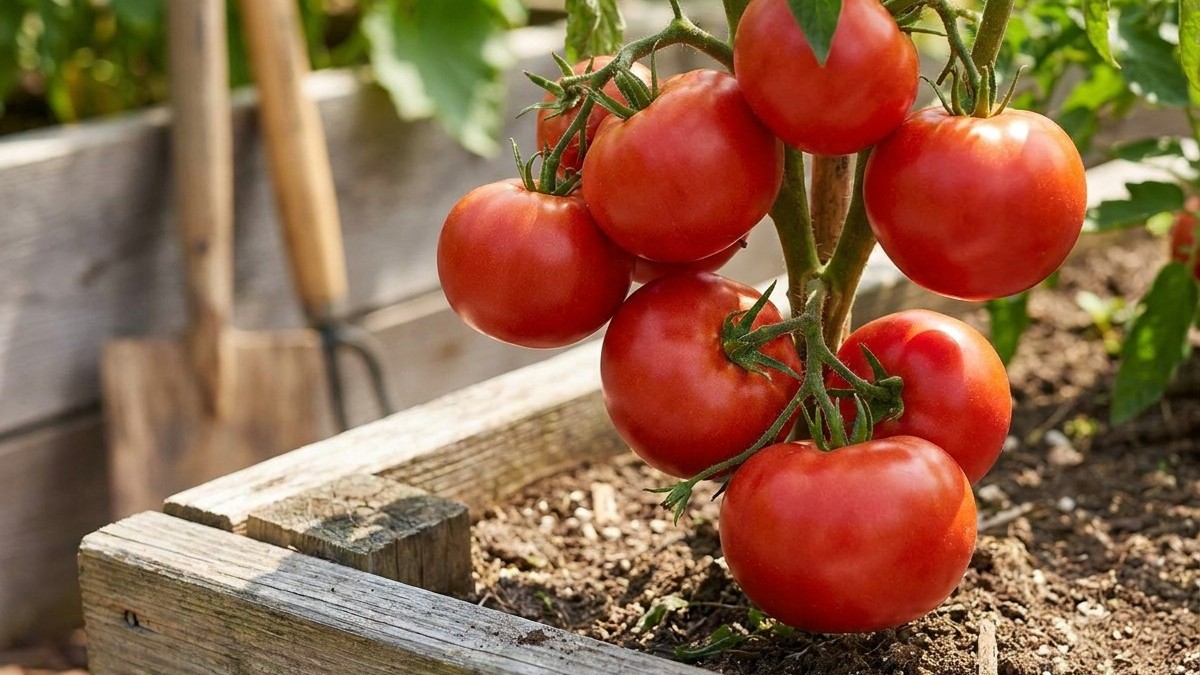 Cluster of ripe red tomatoes growing on a vine in a wooden raised garden bed with soil and garden tools visible in the background.