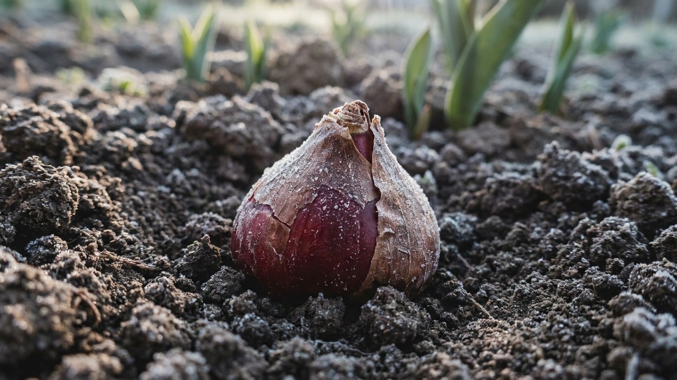 A garlic bulb planted in dark soil with green shoots emerging from surrounding earth.