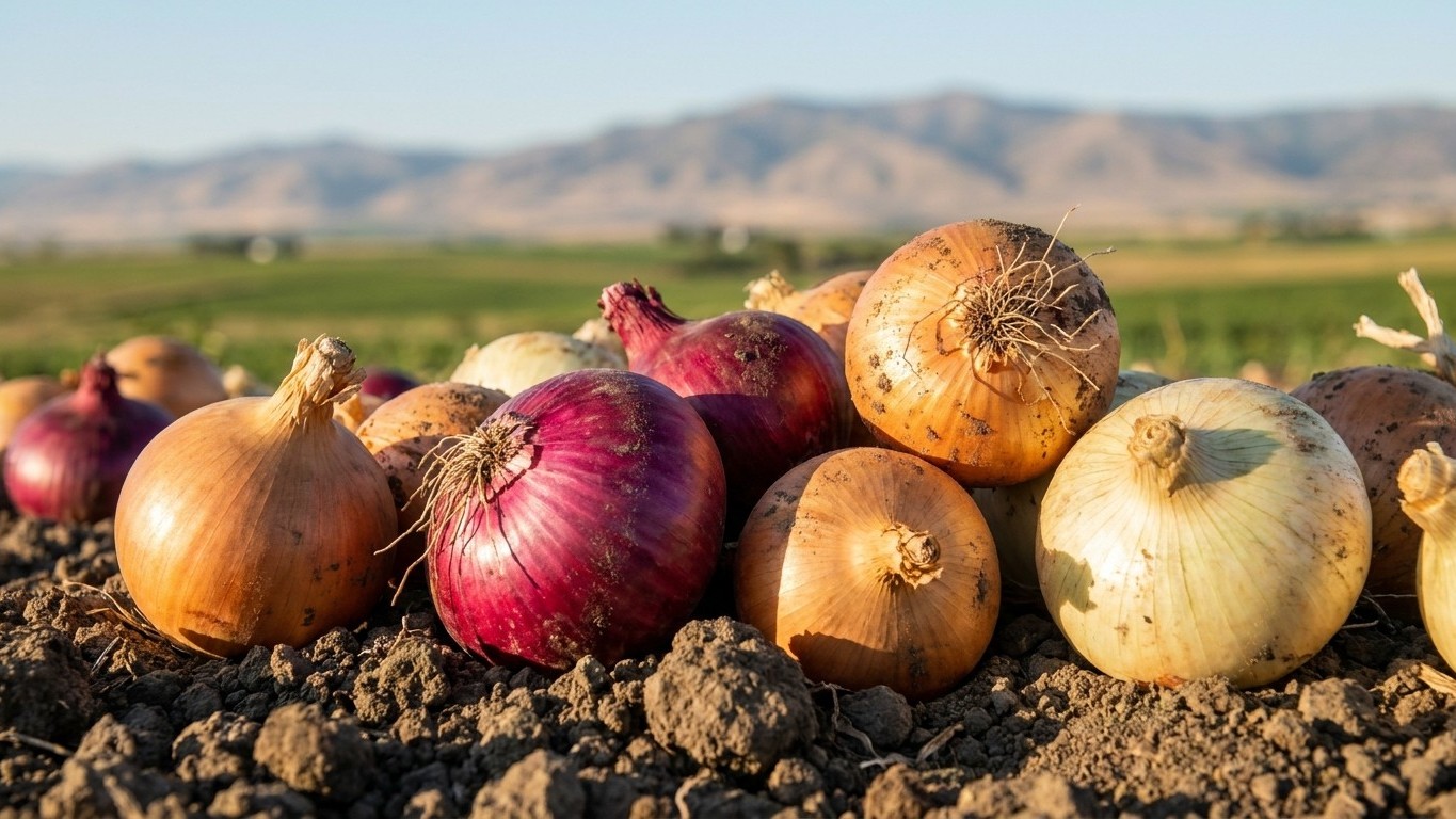 Freshly harvested onions in various colors arranged on dark soil with a cultivated farm field and distant mountains in the background.