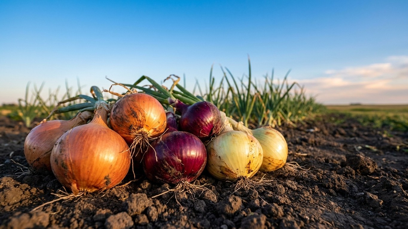 Fresh harvested onions of various colors displayed on soil in an agricultural field during harvest season.
