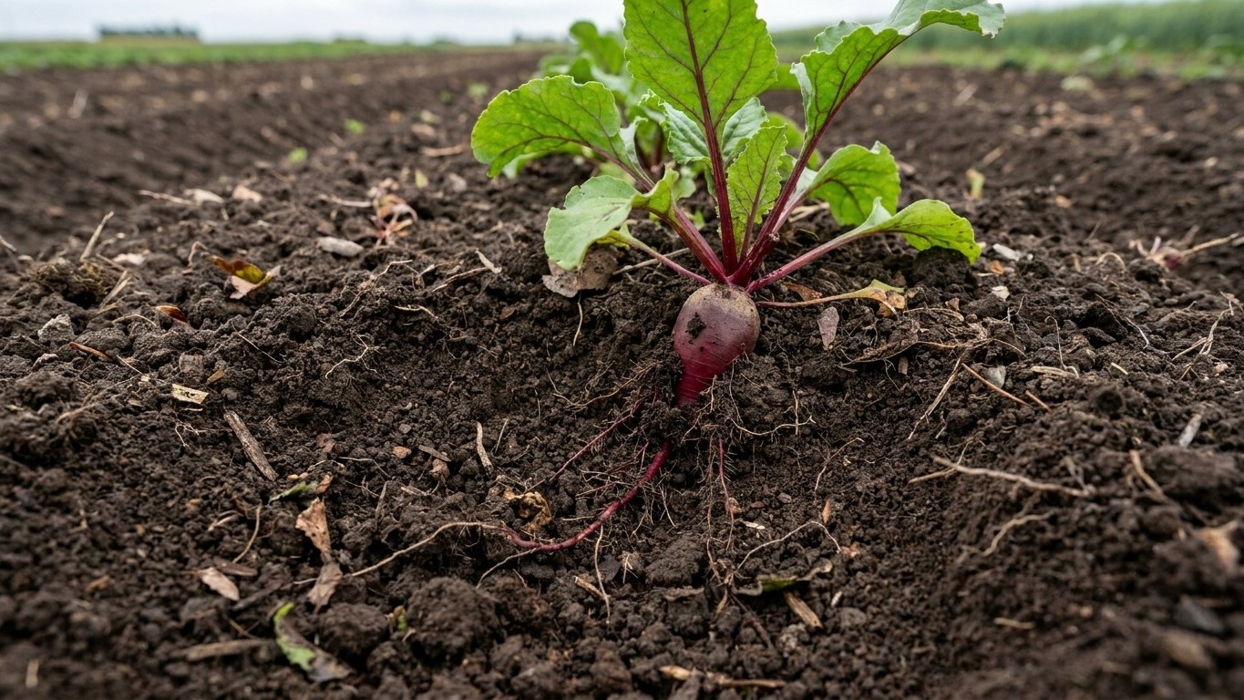 A young beet seedling with purple root and green leaves growing in dark garden soil with a cultivated field visible in the background.