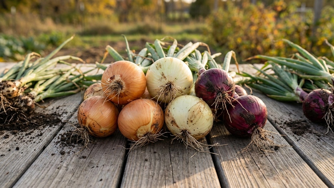 Three varieties of freshly harvested onions with soil and roots displayed on a rustic wooden deck in an autumn garden setting.