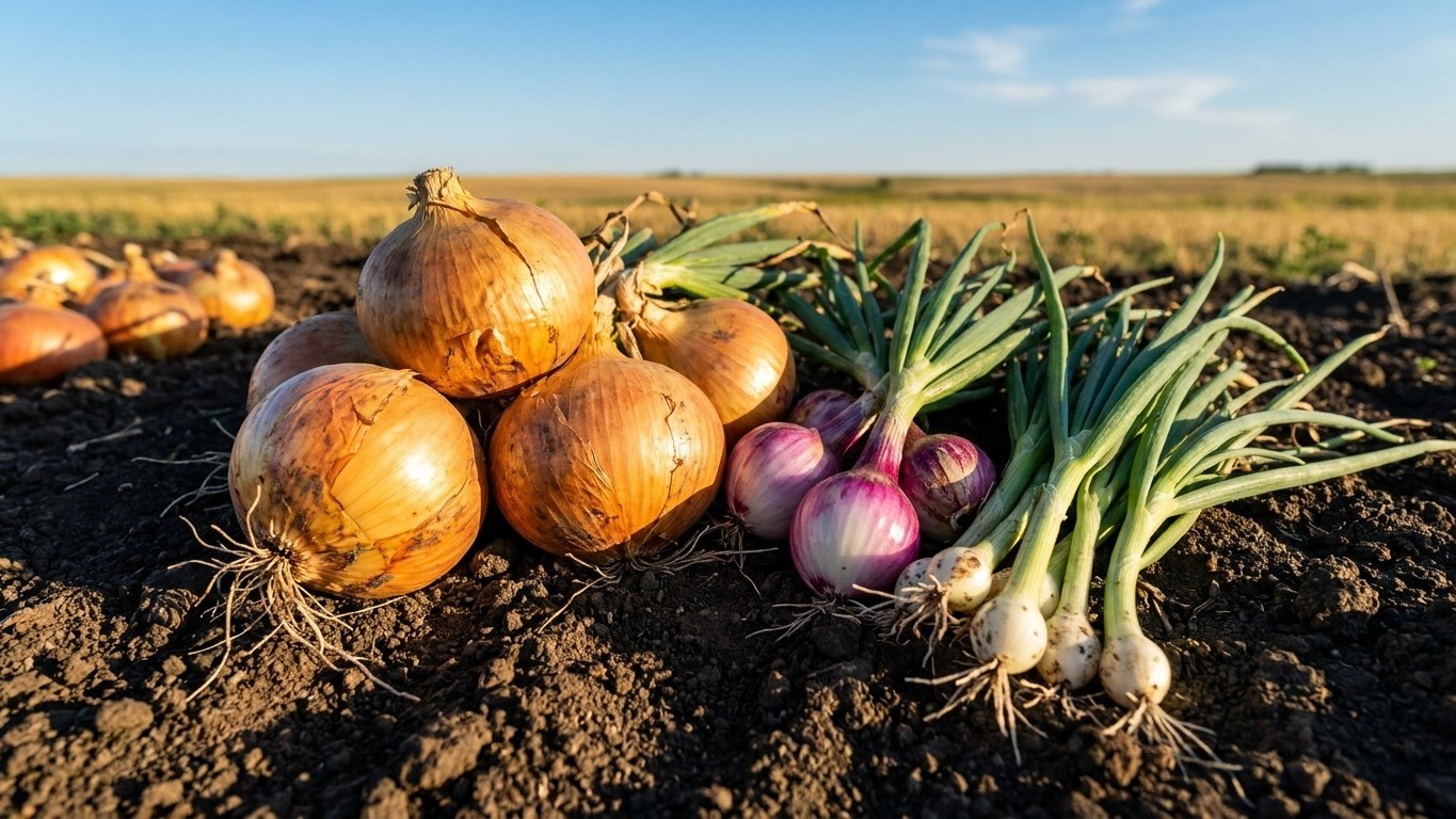 Freshly harvested golden and purple onions with leeks displayed on dark soil against a wide open field backdrop.