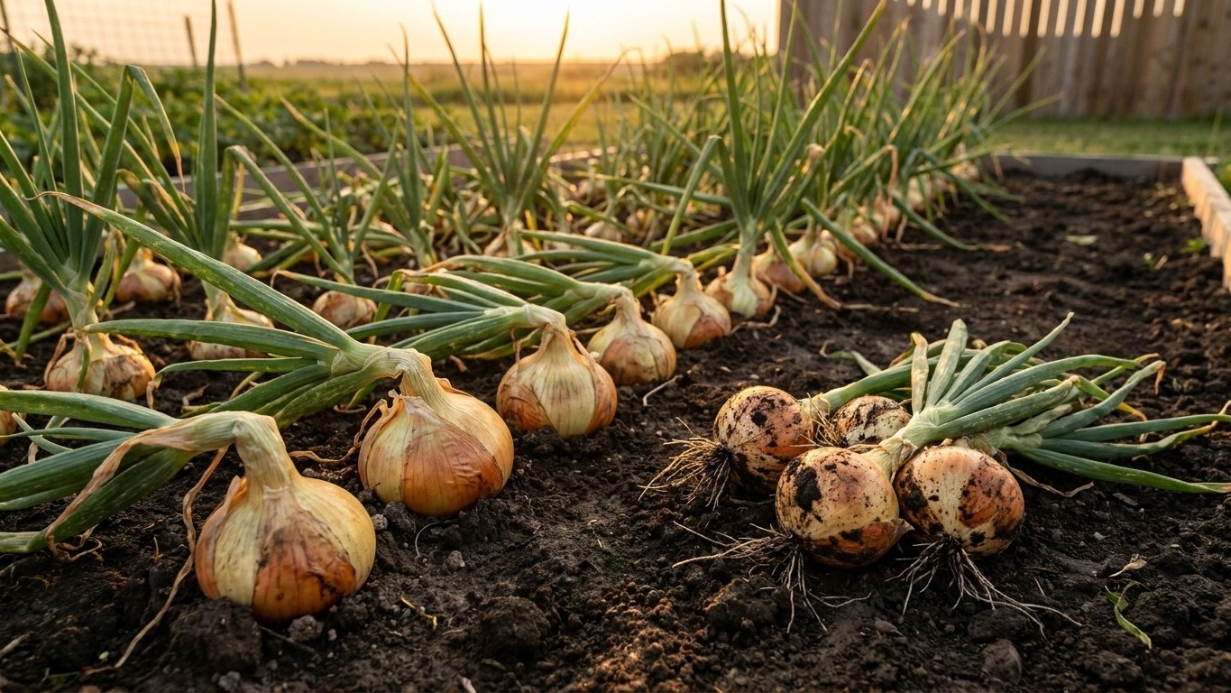 Mature onions with green foliage growing in a vegetable garden bed with dark soil visible.