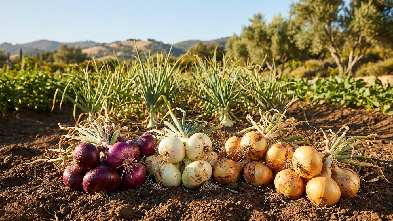 Freshly harvested onions in three varieties arranged on dark soil with mature onion plants growing in the background under clear skies and distant hills.