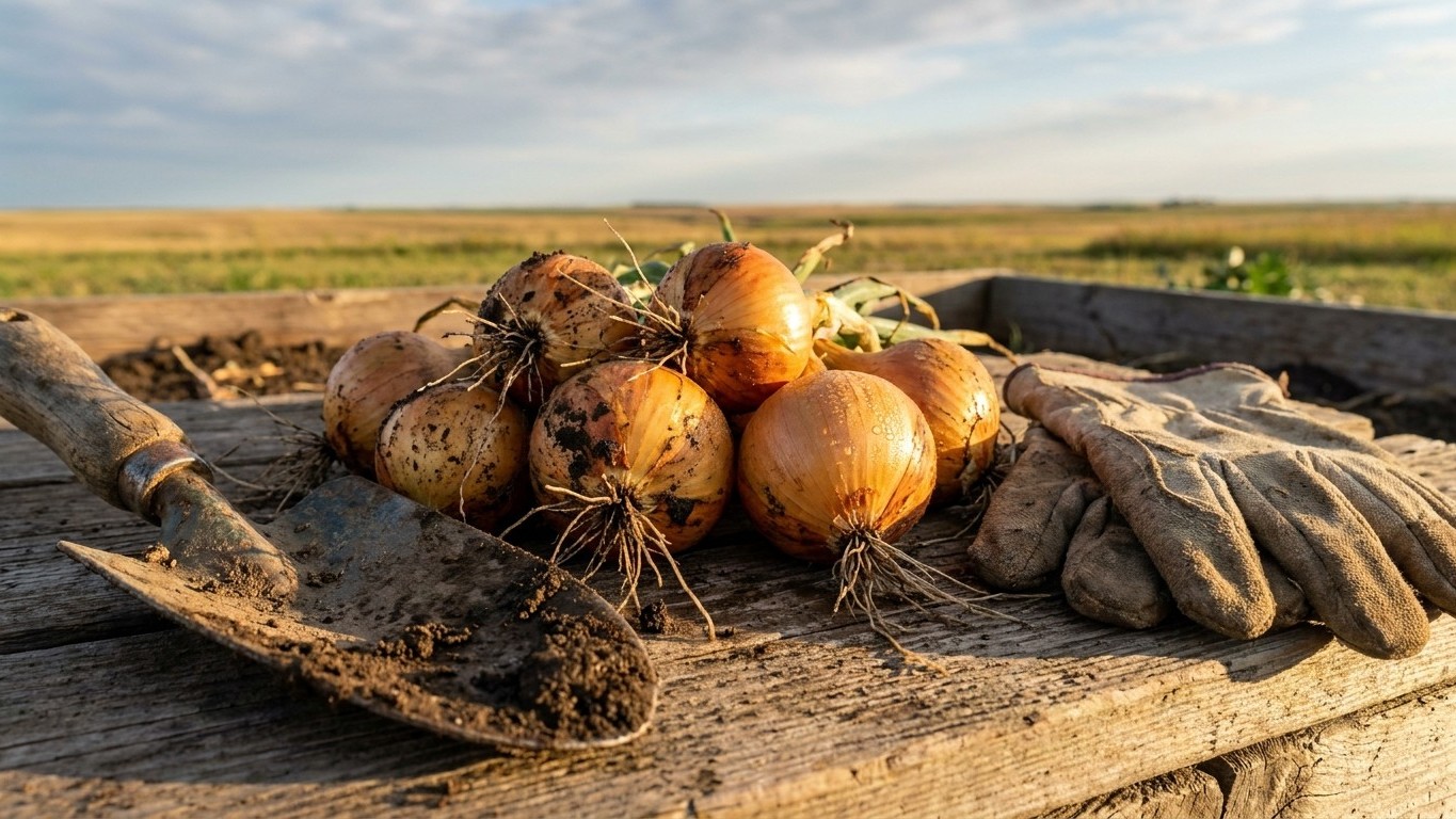 Freshly harvested onions with dried soil and roots displayed on a wooden surface in a field setting.