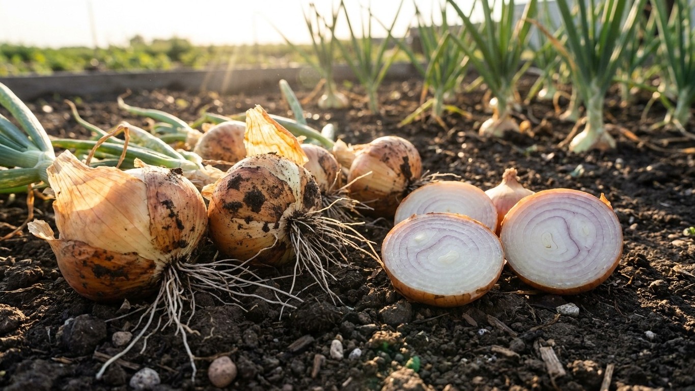 Freshly harvested onions with roots and soil displayed on dark earth in a vegetable garden field.