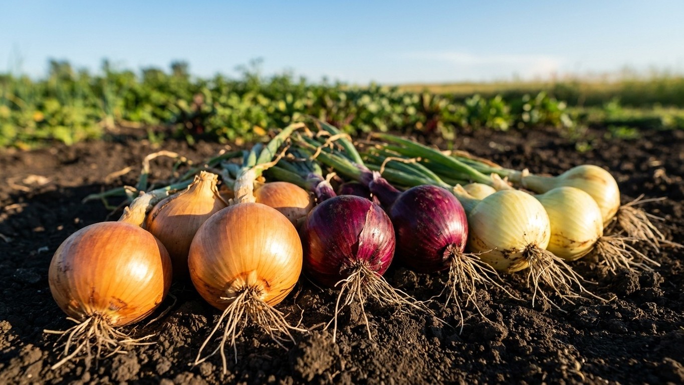 Freshly harvested onions with roots still attached arranged on tilled soil with growing crop in background.